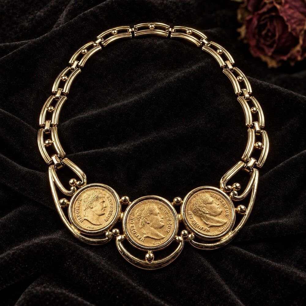Vintage Gold Tone Napoleon III Coin Statement Collar Necklace Chunky